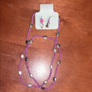 Silver and Purple Beaded Necklace & Earring set, NEW, 30”/1”